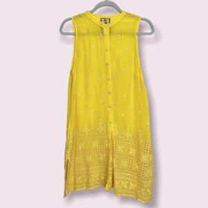 Johnny Was Darla Embroidered Sleeveless Long Button Front Tunic Yellow Small